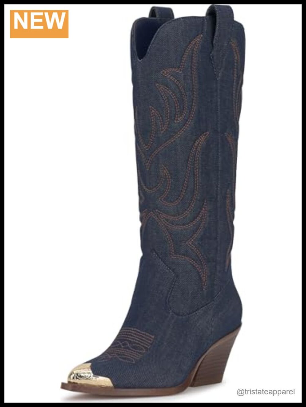 Women's Knee High Denim Western Boots with Pointed Toe & Stacked Heel, Zip